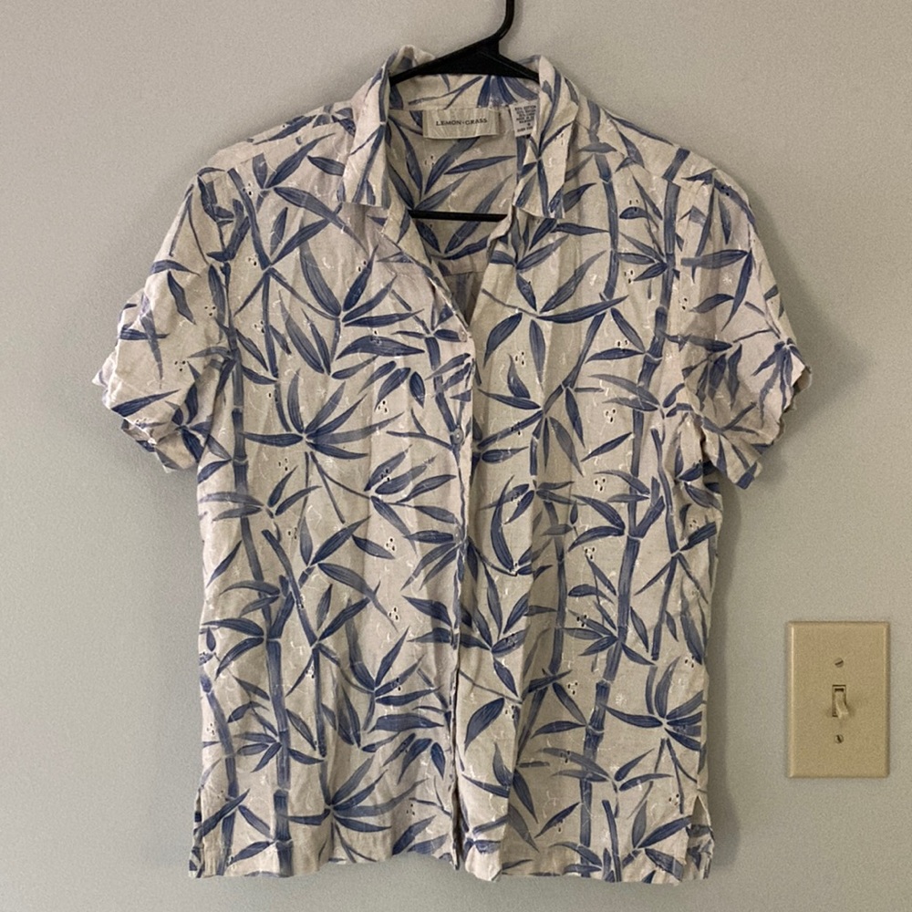 Vintage linen blouse cream and blue